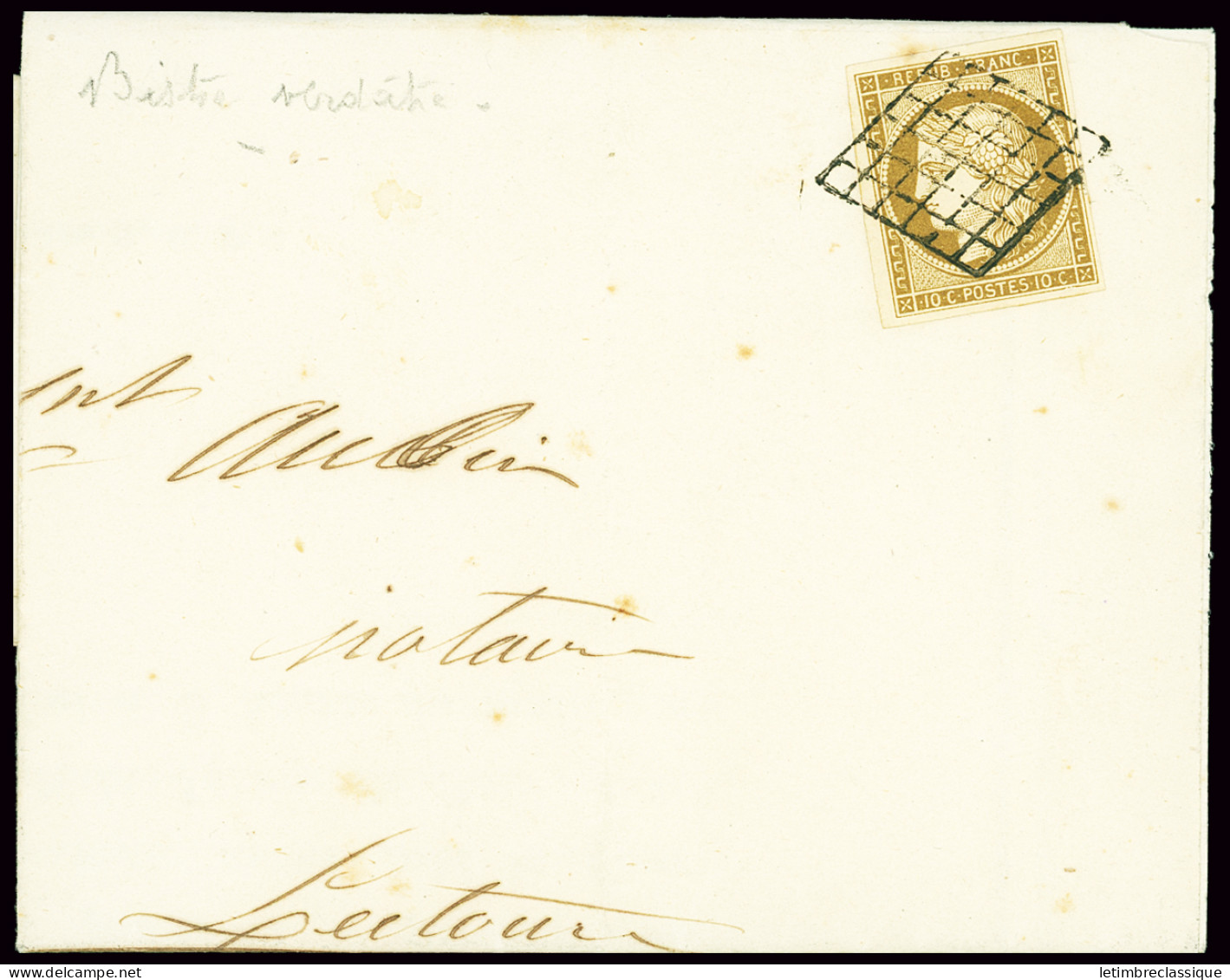 Lettre N°1b 10c Bistre Verdâtre OBL Grille + T15 Agen Lot-et-Garonne (1851) Sur Partie De Lettre, B - 1849-1850 Ceres