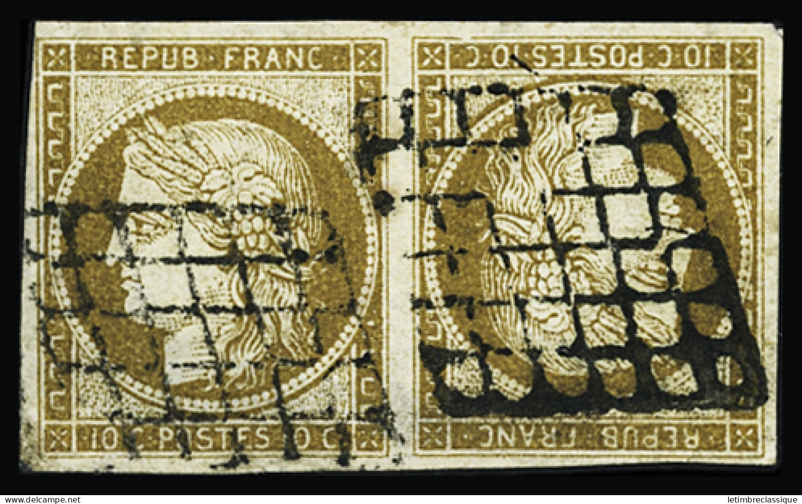 Obl N°1d Paire TETE-BECHE Du 10c Bistre-jaune, Bien Margé, Obl. Grille, Aminci Sinon TB D'aspect. Signé Calves - 1849-1850 Ceres