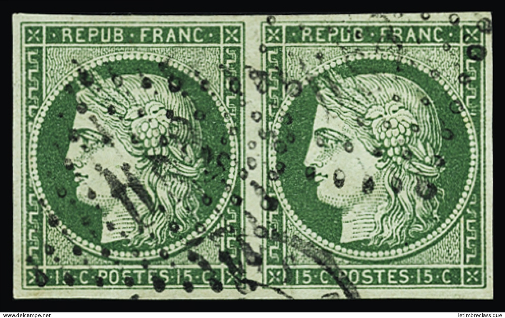 Obl N°2 15c Vert, En Paire Obl., TB, R. Signé A.Brun - 1849-1850 Cérès