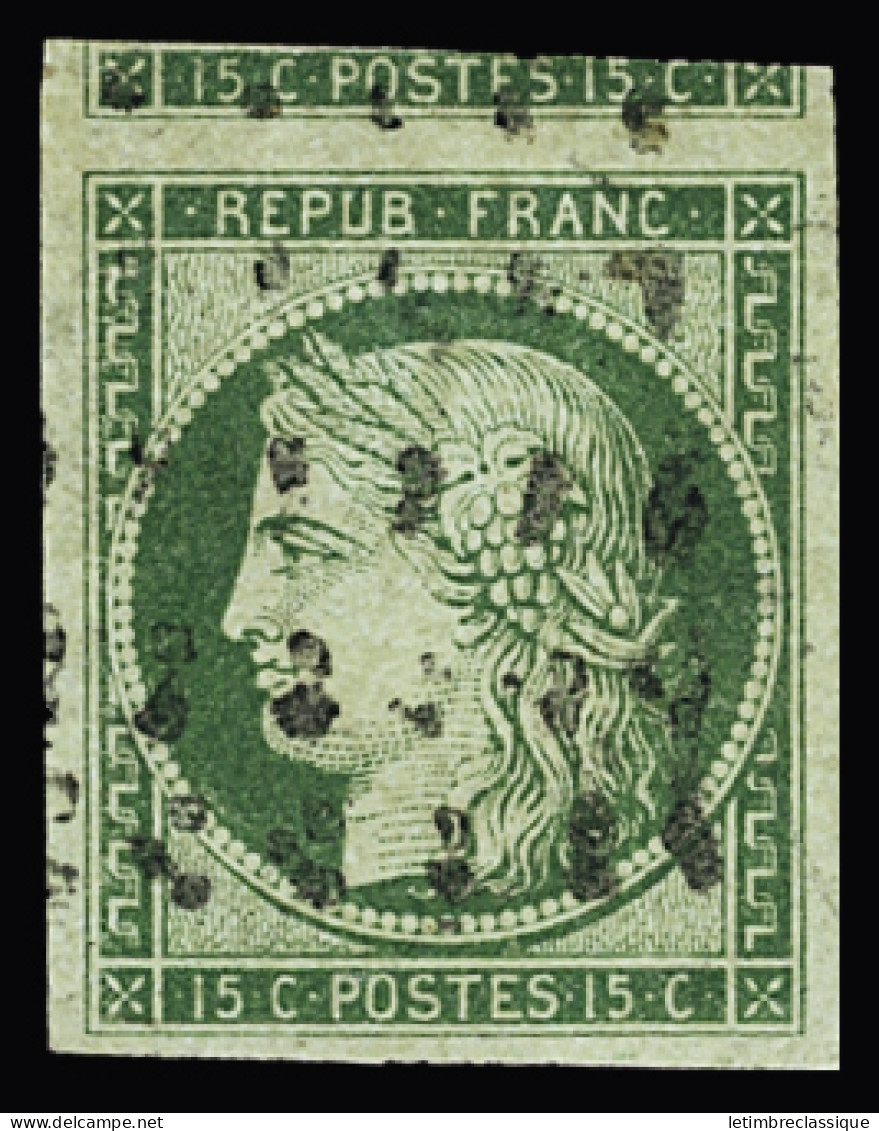Obl N°2 15c Vert, Oblitéré Rouleau De Gros Points, Grand Voisin En Haut, TTB. Signé J.F Brun - 1849-1850 Cérès