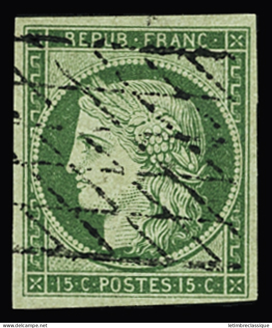 Obl N°2 15c Vert, Obl. Grille Sans Fin, TB. Signé Calves - 1849-1850 Cérès
