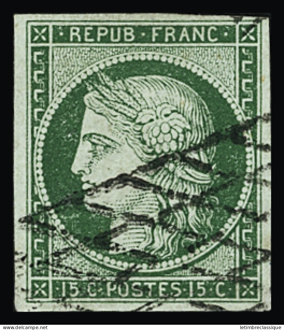 Obl N°2 15c Vert, Grille Sans Fin, TB. Signé A.Brun - 1849-1850 Cérès