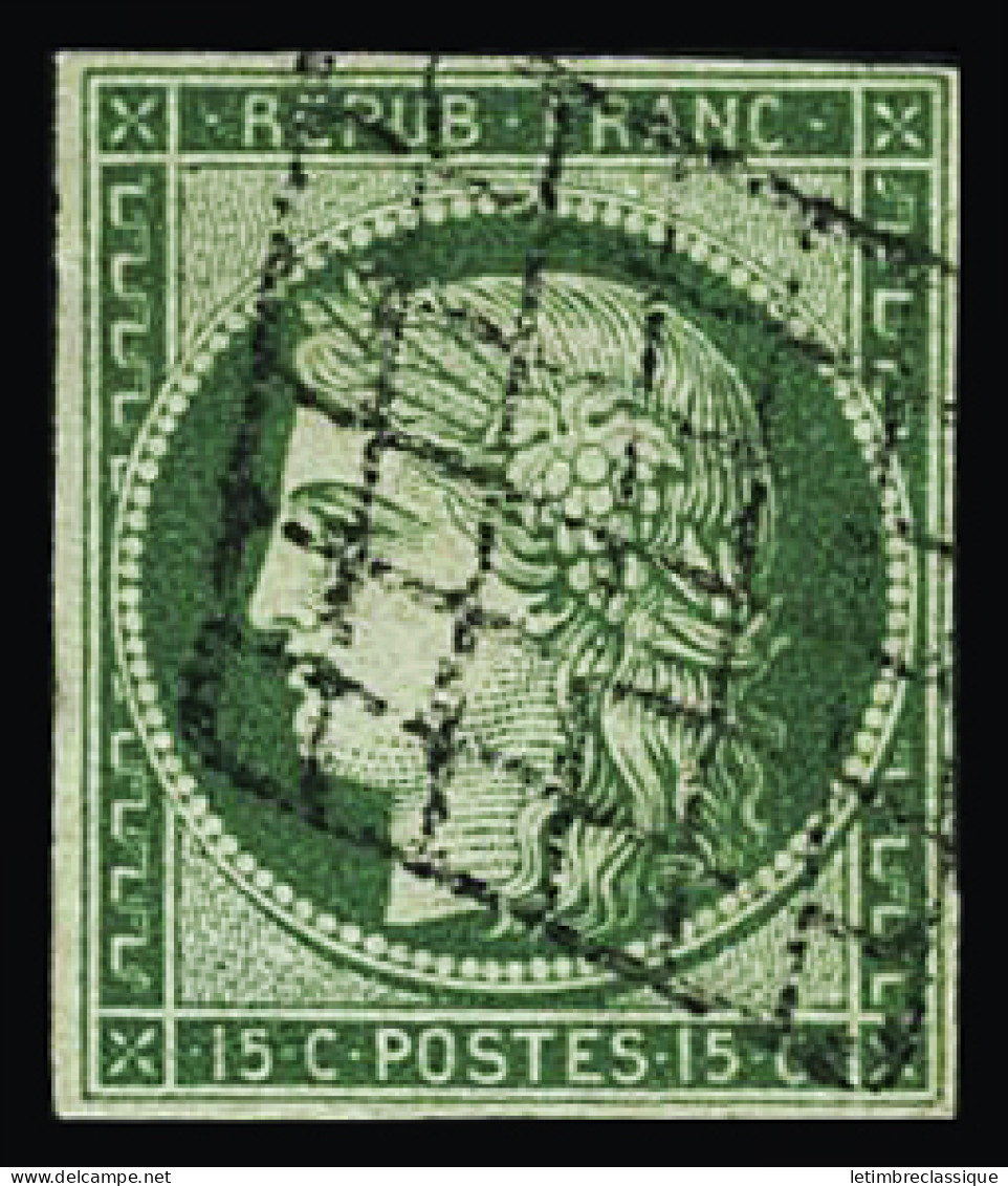 Obl N°2 15c Vert, Obl. Grille, TB. Signé A.Brun - 1849-1850 Cérès