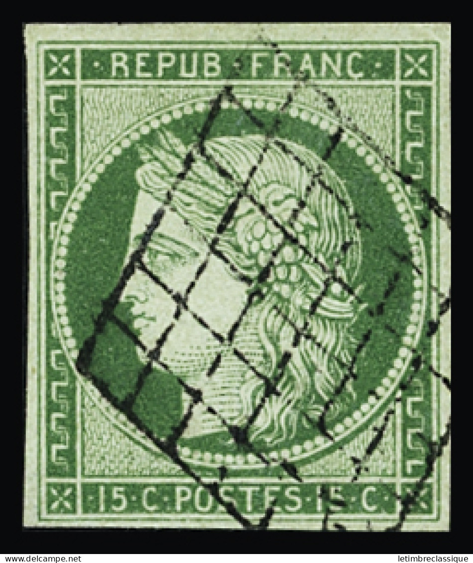 Obl N°2 15c Vert, Obl. Grille, TB. Signé A.Brun - 1849-1850 Ceres