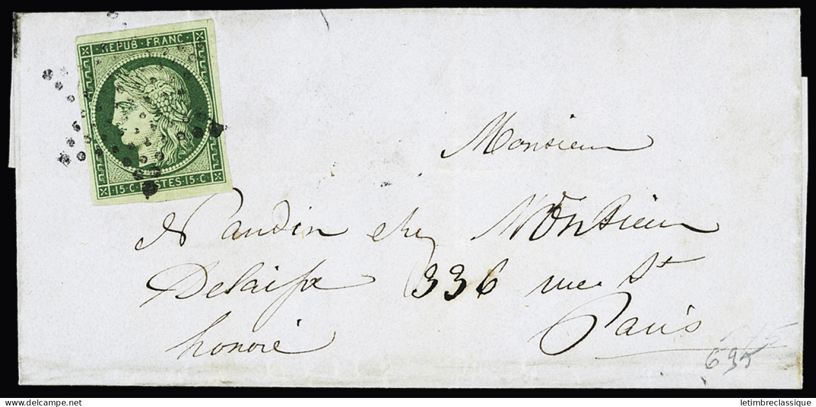 Lettre N°2 15c Vert Avec Belles Marges Et Infime Froissure Sur Lettre De Et Pour Paris (Seine), Obl. Etoile, CàD T15 Du  - 1849-1850 Ceres