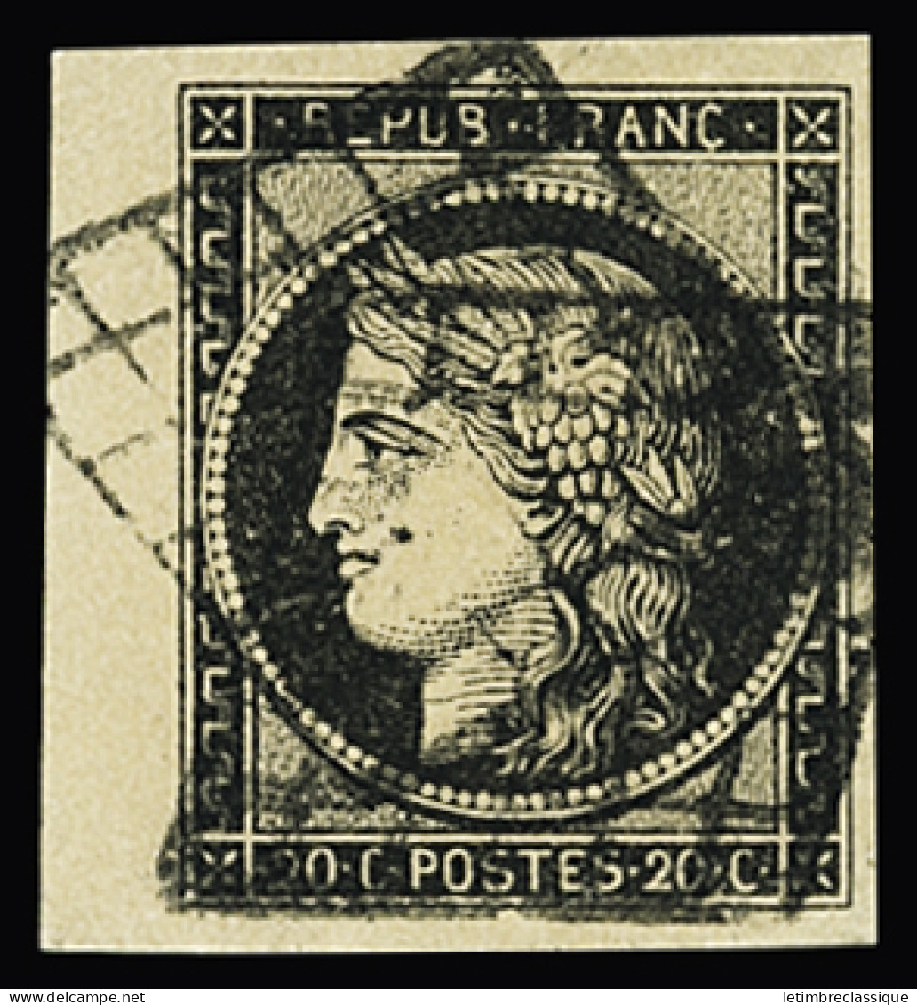 Obl N°3 20c Noir Sur Jaune, Petit Bord De Feuille, Obl. Grille, TB. Signé JF.Brun - 1849-1850 Ceres