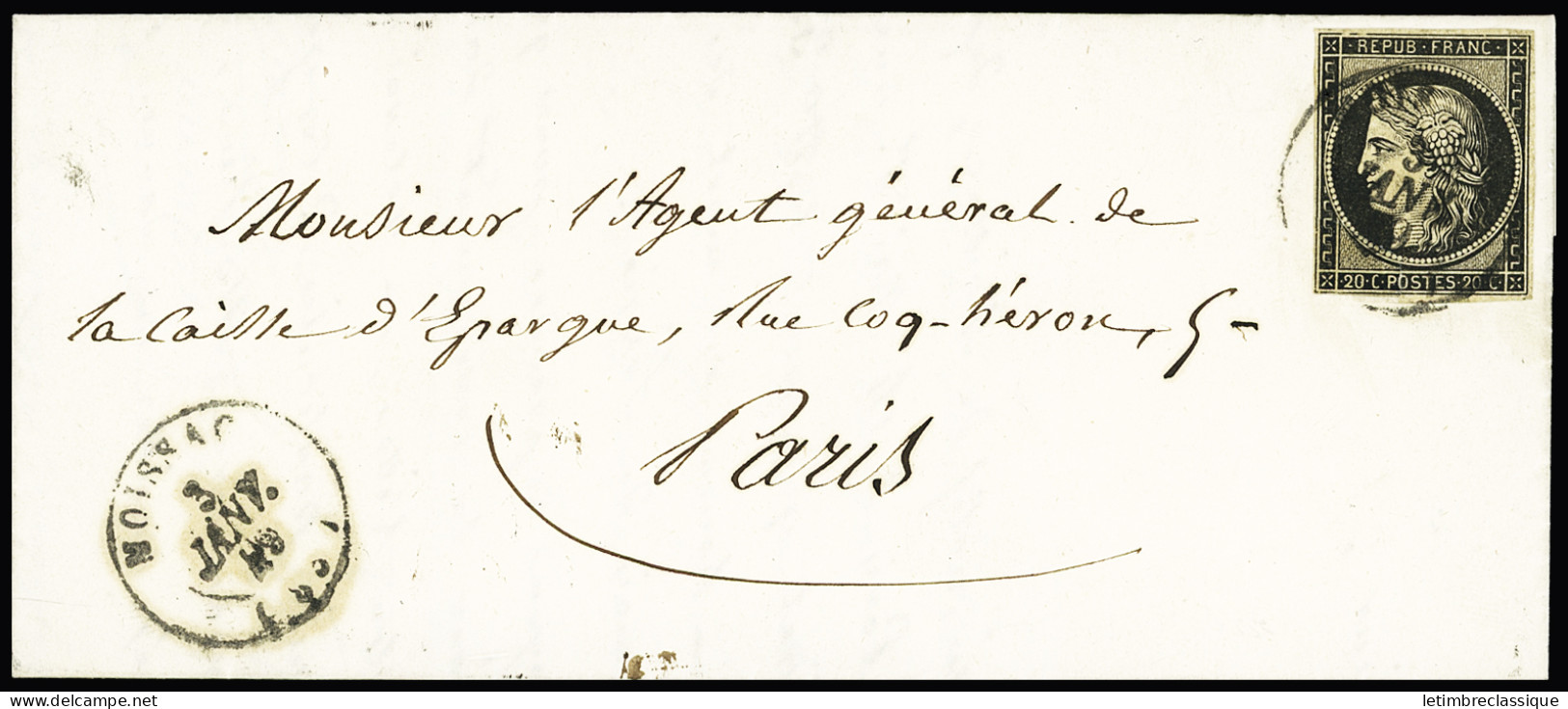 Lettre N°3 Obl. Càd T15 MOISSAC 3 Janvier 1849 (Tarn Et Garonne), Répété à Côté, Sur Lettre Pour Paris, Mention Manuscri - 1849-1850 Ceres