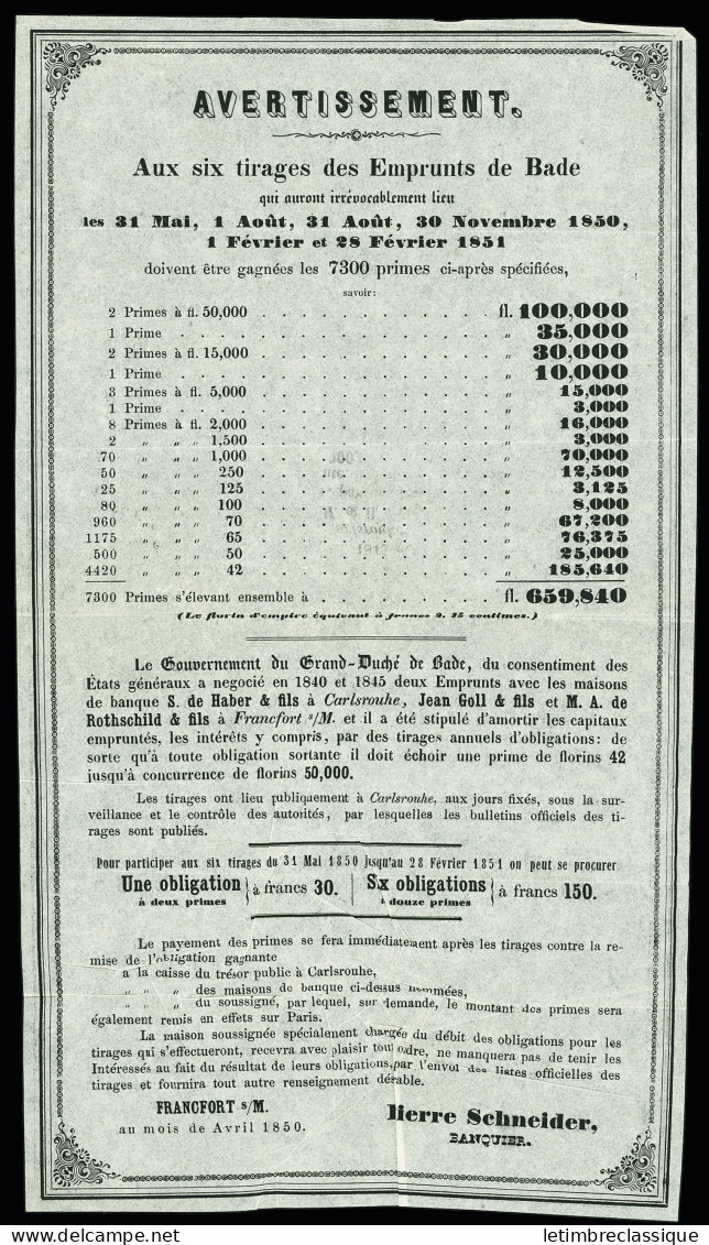 Lettre Circulaire Imprimée De Francfort Sur Le Main, Acheminée Et Postée En Moselle Avec N°3 20c Noir (au Filet) Obl. Gr - 1849-1850 Ceres