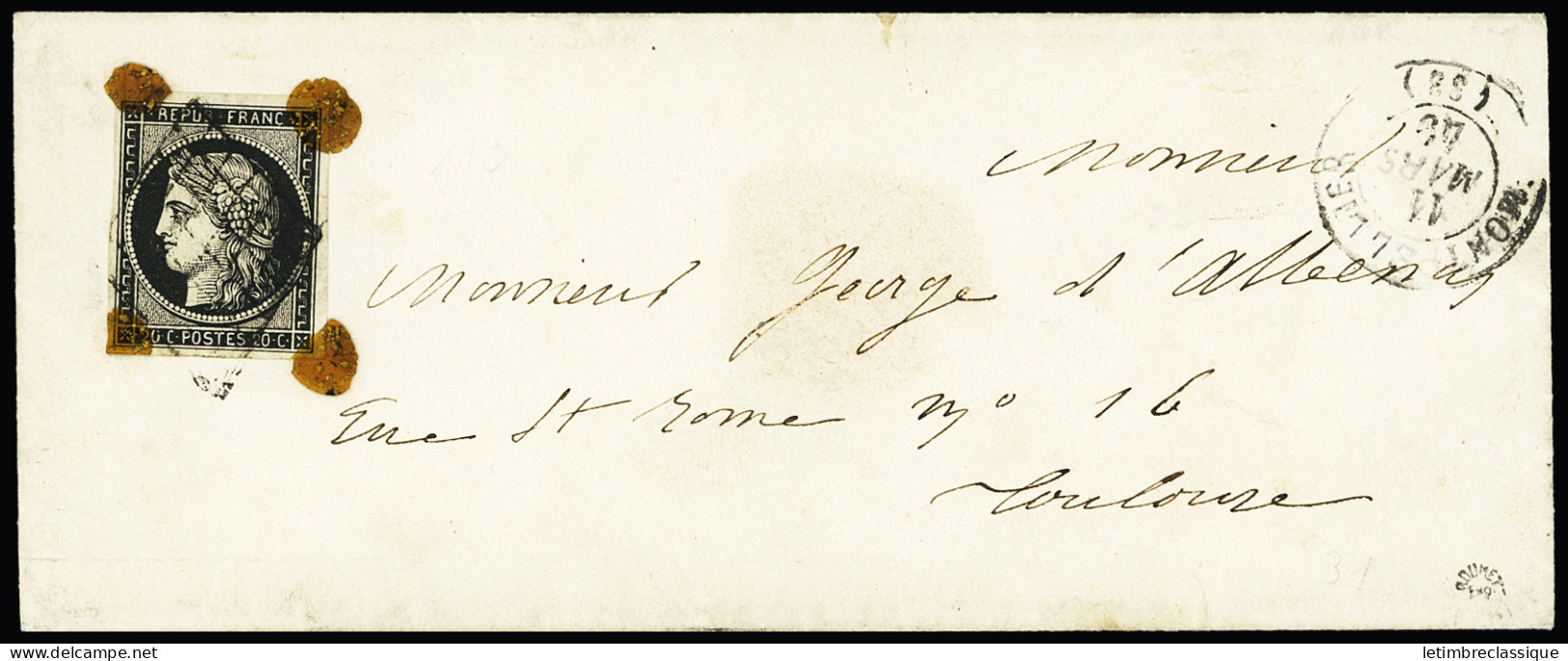 Lettre 4 Cachets De Cire Aux 4 Coins D'un N°3 20c Noir Obl. Grille + CàD T15 Montpellier 11 Mars 1849 Sur Lettre Pour To - 1849-1850 Cérès