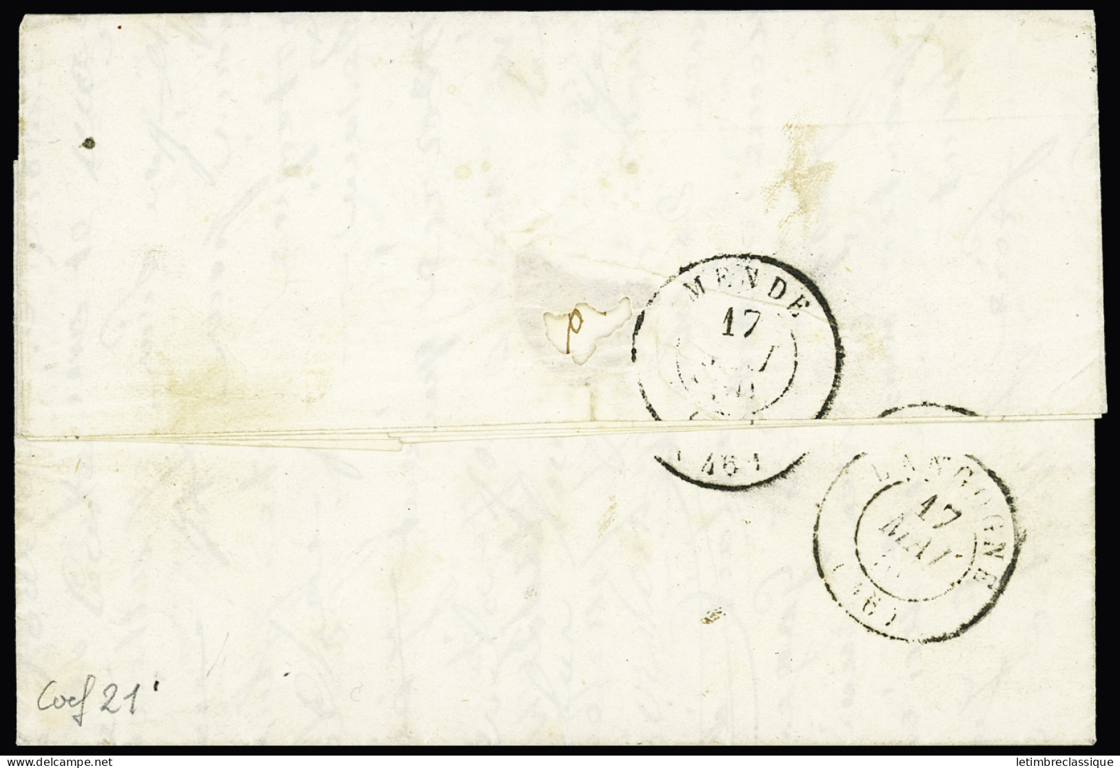 Lettre N°3 OBL Grille + T15 "Serverette (46)" (1850, Lozère) Sur Lettre, Ind 21, TB - 1849-1850 Ceres