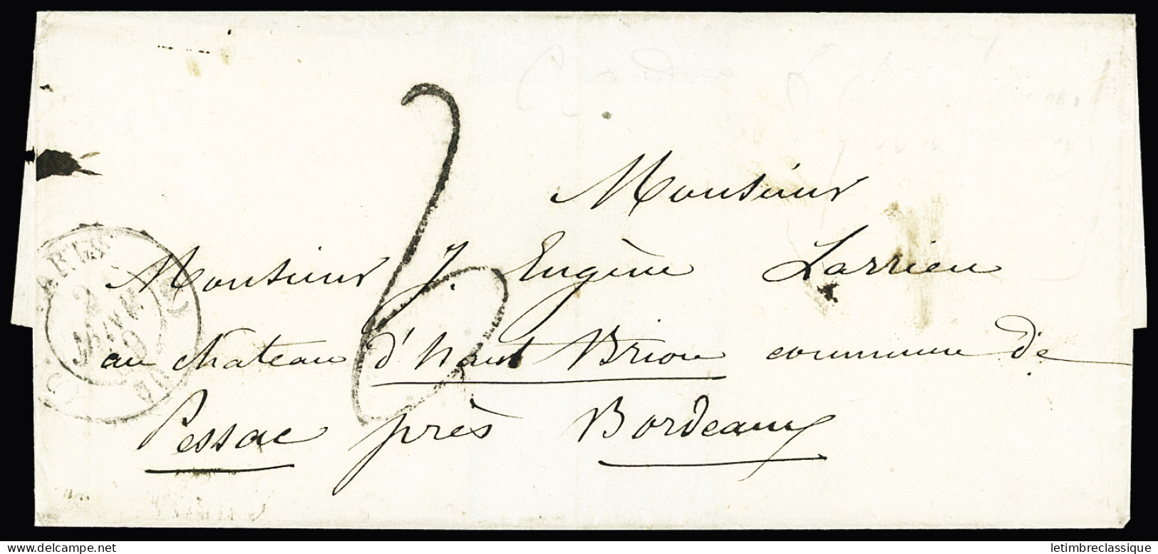 Lettre CàD T15 Paris 2 Janv. 1849 Sur Lettre Pour Château Haut-Brion, Pessac (Gironde) Avec Taxe Tampon "2", CàD Pessac  - 1849-1850 Cérès