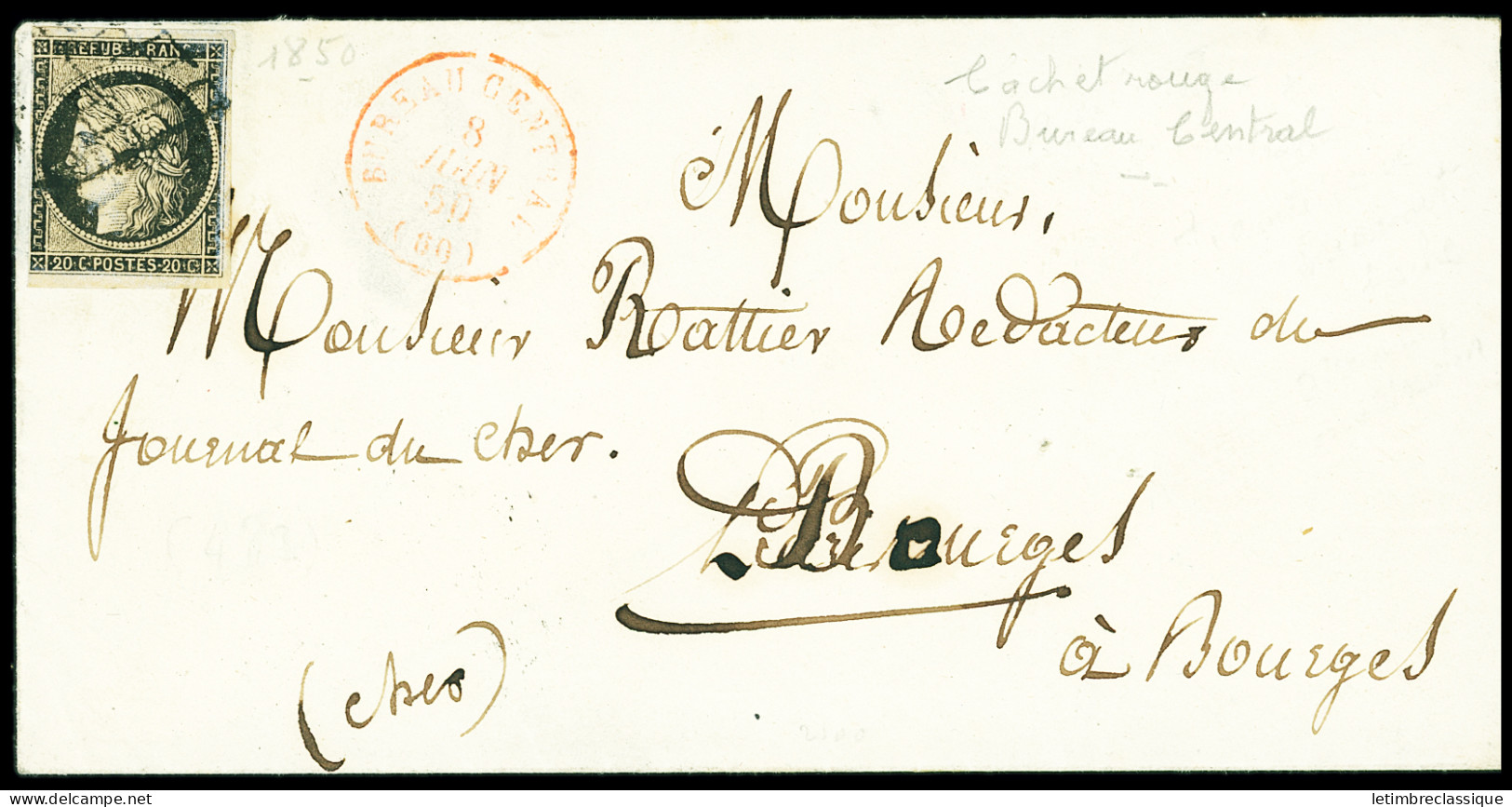 Lettre N°3 OBL Grille + CAD Rouge "Bureau Central (60)" (1850) Sur Lettre, Touché, Bel Aspect - 1849-1850 Cérès