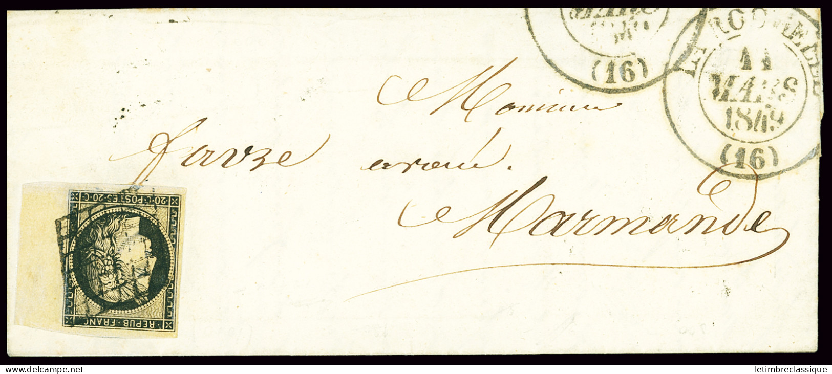 Lettre N°3, BDF à Droite, OBL Grille + T13 "La Rochelle (16)" Charente-inférieure (1849) Sur Lettre, Ind 17, TB - 1849-1850 Cérès