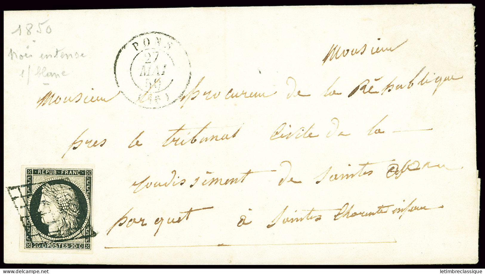 Lettre N°3 OBL Grille + T15 Pons (Charente-inférieure, 1850) Sur Lettre, Ind 15, TB - 1849-1850 Ceres