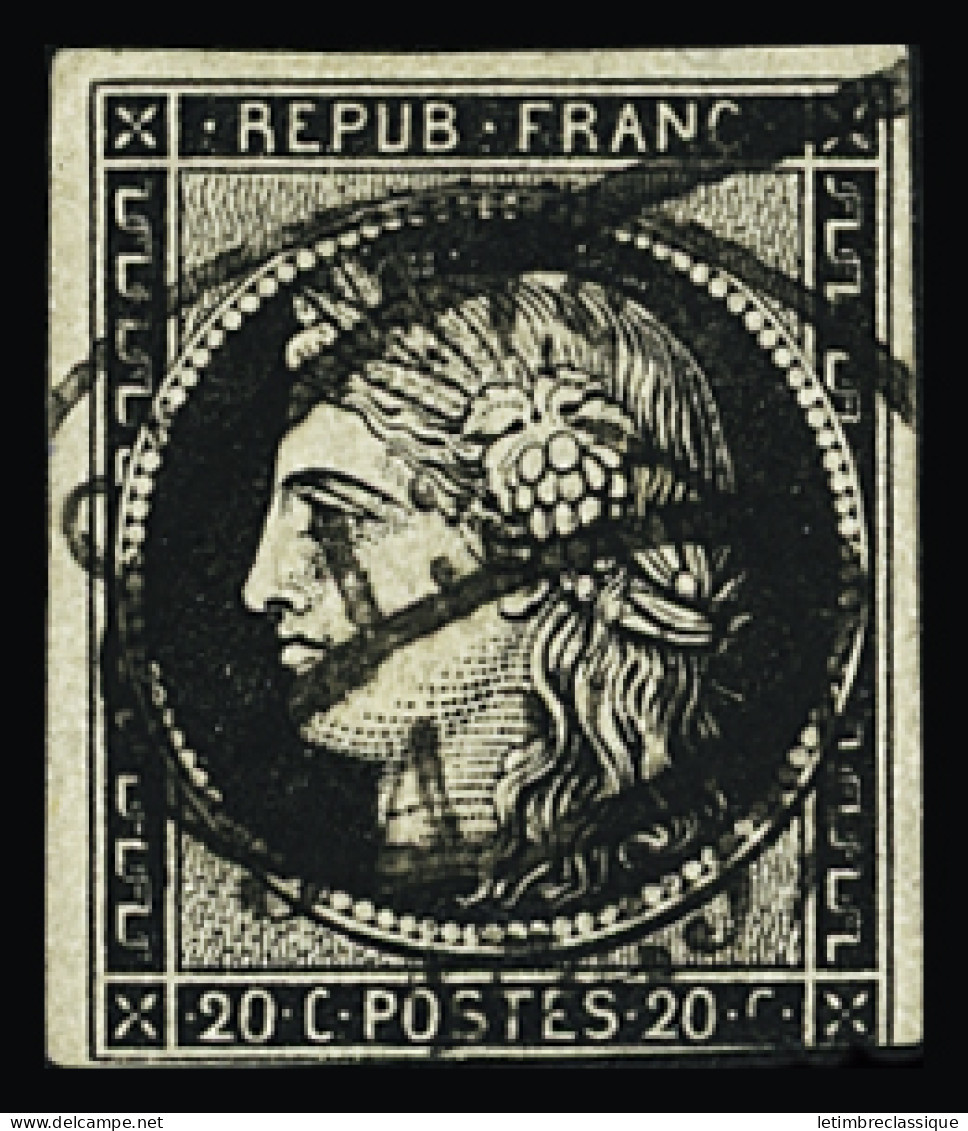 Obl N°3a 20c Noir Sur Blanc, Oblitéré Càd T14 Du 13 Janvier De Calais (Pas-de-Calais) Et Taxe Tampon "6", Touché En Bas  - 1849-1850 Ceres
