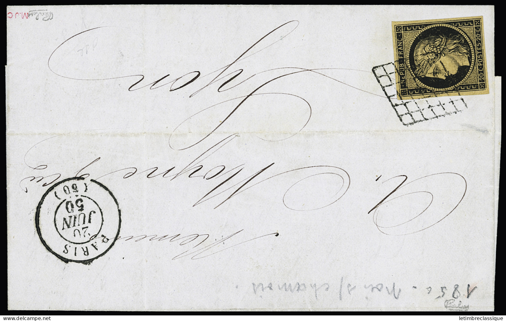 Lettre N°3b 20c Noir Sur Chamois Foncé OBL Grille + T15 "Paris (60)" (1850) Sur Lettre, Certificat Calves, TB - 1849-1850 Ceres