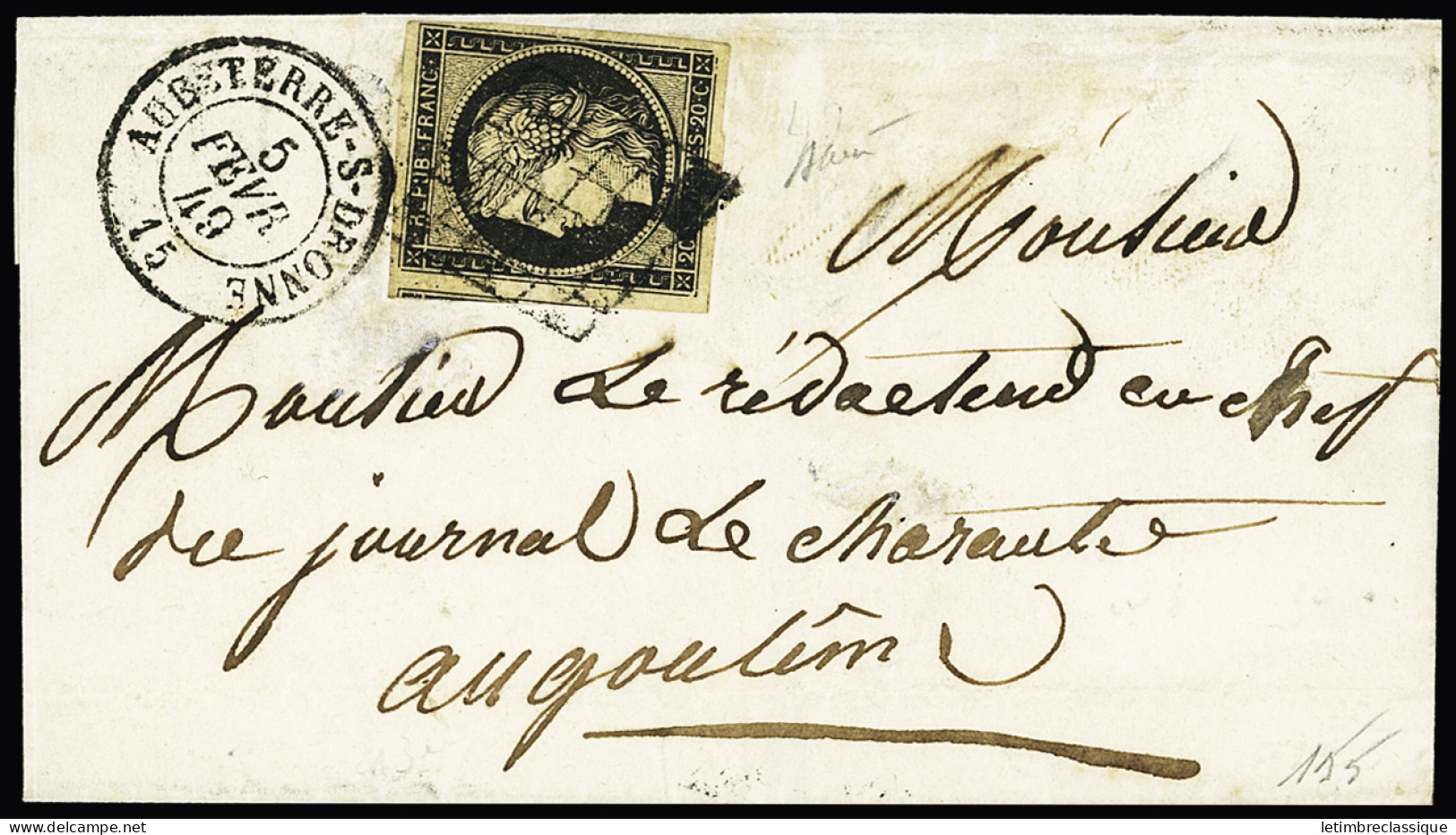 Lettre N°3b 20c Noir Sur Chamois Clair Sur Lettre Pour Angoulême (Charente), Obl. Grille Plus CàD T15 Aubeterre-sur-Dron - 1849-1850 Cérès