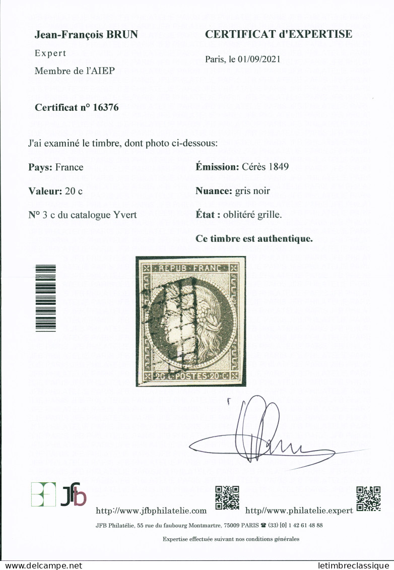 Obl N°3c 20c Gris-noir, Obl. Grille,  TTB. Certificat JF.Brun - 1849-1850 Cérès