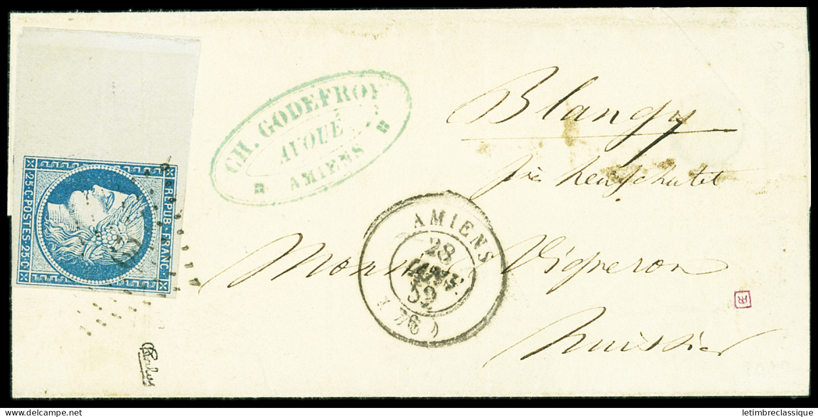 Lettre N°4, Grand BDF à Gauche, OBL PC 85 + T15 "Amiens (76)" (1852) Sur Lettre,  Signée Calves, TB - 1849-1850 Cérès