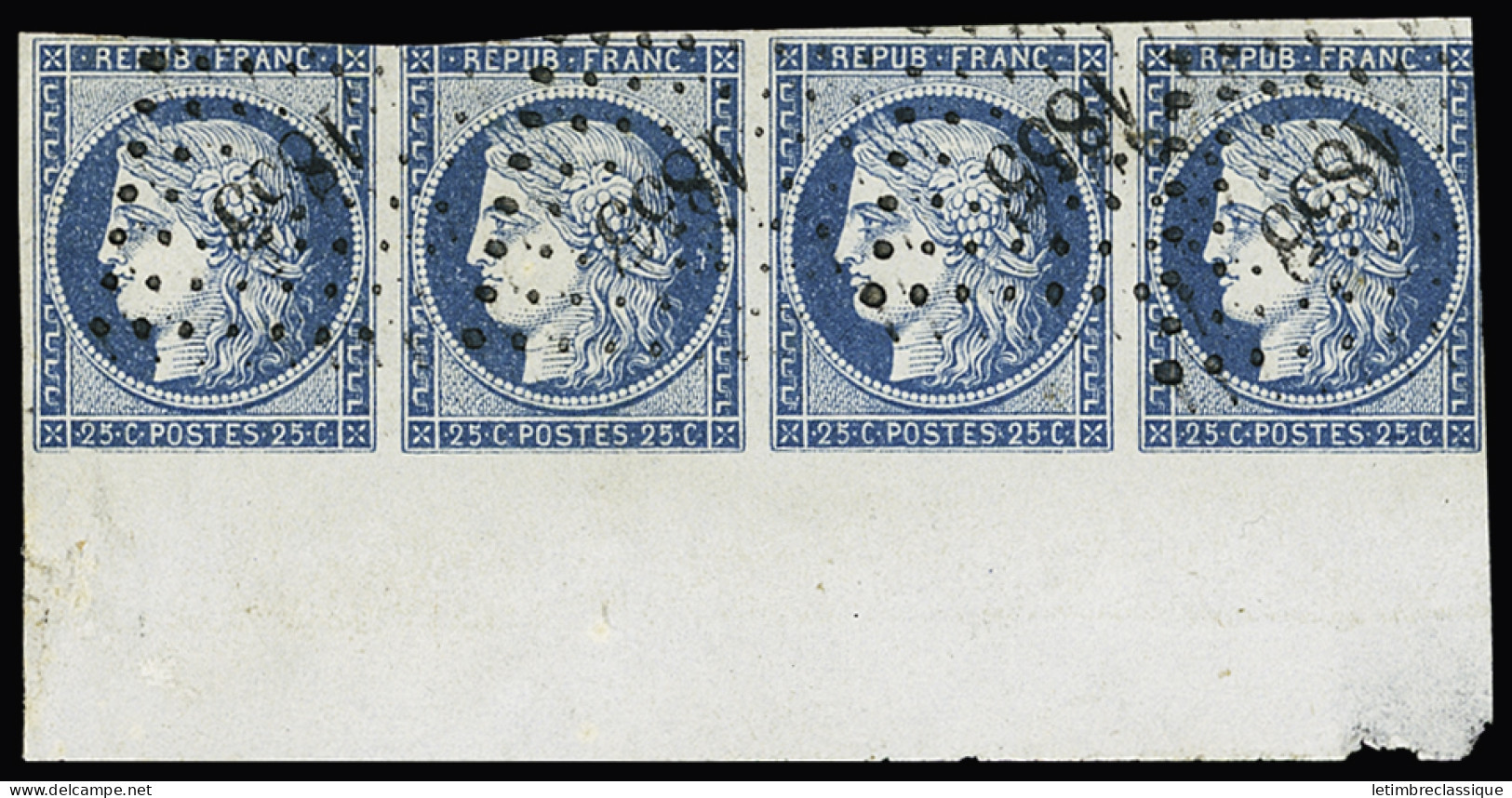 Obl N°4 25c Bleu, Bande De 4 Avec Grand Bord De Feuille, Obl. PC 1855 Du Mans (Sarthe), Aminci Sur Un Timbre, Touchée Ma - 1849-1850 Ceres