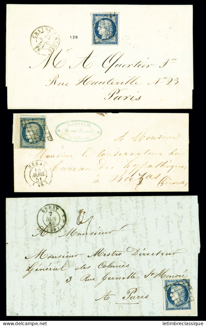 Lettre 5 Lettres AFF N°4 OBL Grille + T15 Châlon-s-Saône, Nérac, Brest, Blaye, Niort, Ens.TB - 1849-1850 Cérès