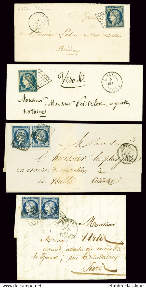 Lettre 4 Lettres AFF N°4 (dont 2 Paires) OBL Grille + T15 Lesparre (1850), T15 Jussey, T15 Alger (1851) Et T15 Lyon (185 - 1849-1850 Cérès