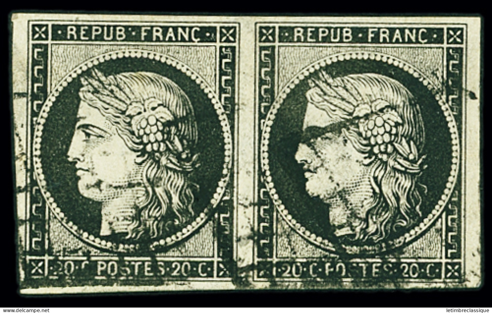 Obl N°4a 25c Bleu Foncé, Paire Avec Voisin En Haut Et Petit Bdf à Gauche, Plus N°3a 20c Noir En Paire, Les Deux Obl. Gri - 1849-1850 Ceres