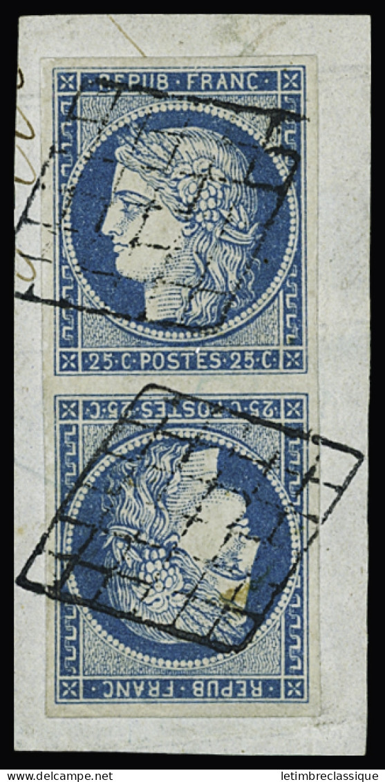 Obl,tête-bêche N°4c 25c Bleu En Paire TETE-BECHE, Bien Margée, Obl. Grille Très Propre Sur Petit Fragment, TTB, R - 1849-1850 Ceres