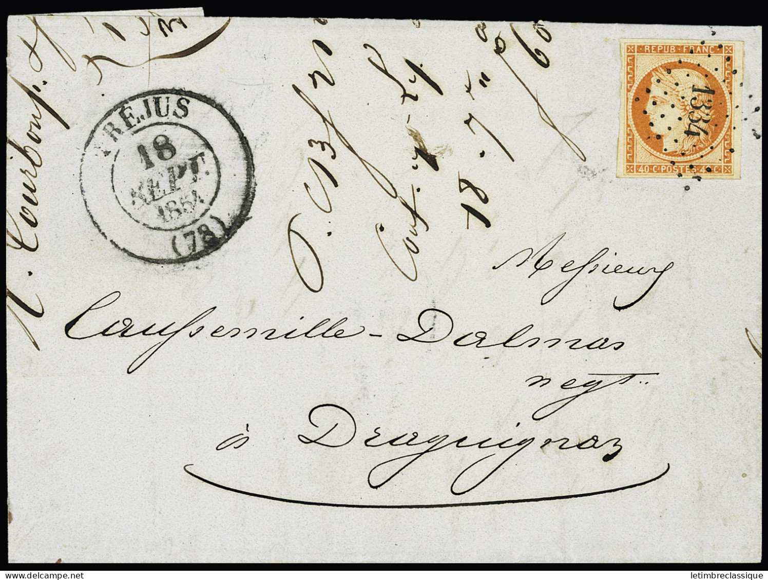 Lettre N°5 40c Orange OBL PC 1334 + T13 Fréjus Var (18.09.1854) Sur Lettre. TB - 1849-1850 Cérès