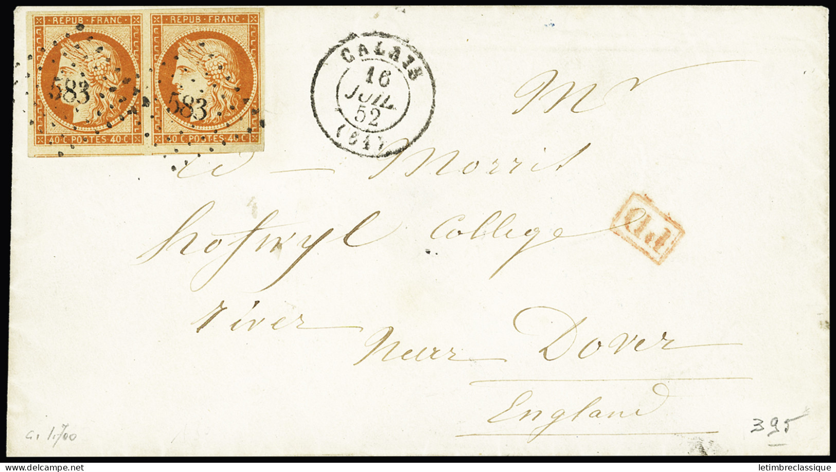 Lettre N°5 40c Orange Avec Belles Nuances En Paire (dont 1 Réparé) Sur Lettre Pour Douvres (Grande-Bretagne), Obl. PC 58 - 1849-1850 Ceres