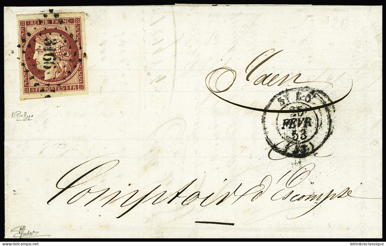 Lettre N°6 1f Carmin Avec Voisins En Haut Et En Bas, Obl. PC 3166 Sur Lettre De Saint-Lô (Manche) Pour Caen (Calvados),  - 1849-1850 Ceres