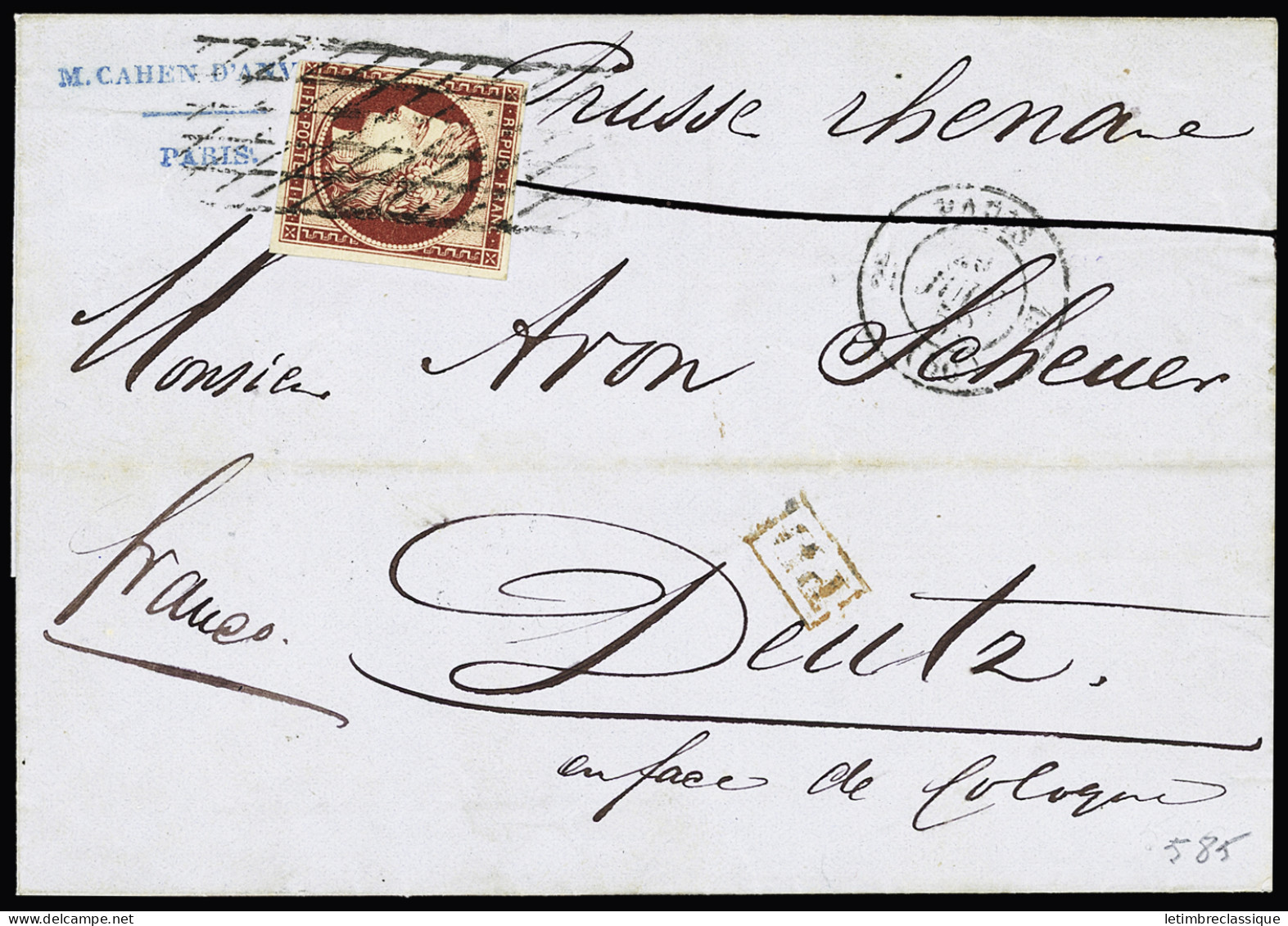 Lettre N°6 1f Carmin Très Belle Nuance, Infime Def., Sur Lettre Pour Deutz (Prusse Rhénane), Obl. Grille Sans Fin Et CàD - 1849-1850 Cérès