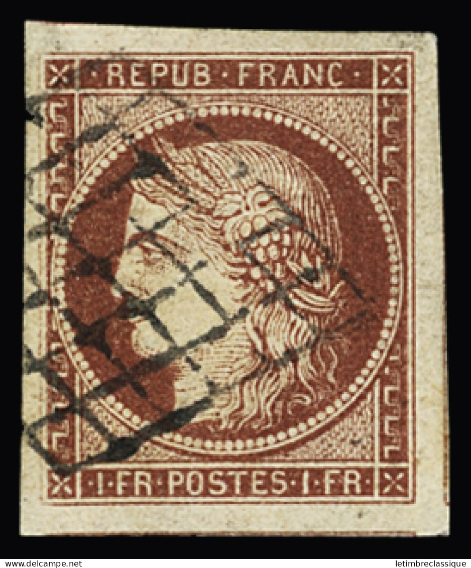 Obl N°6b 1f Carmin Foncé, Voisin Sur Trois Côtés, Oblitéré Grille, TB. Signé JF.Brun - 1849-1850 Ceres