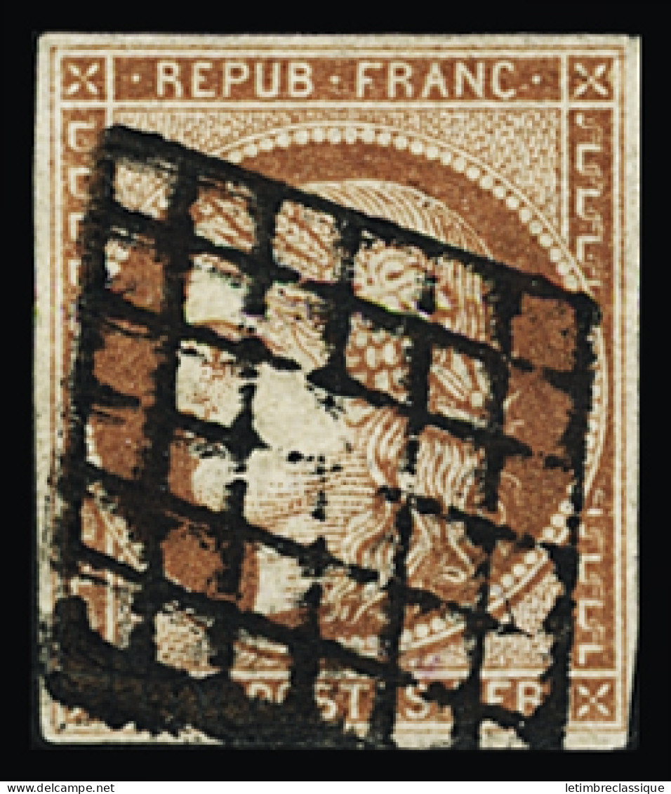 Obl N°7B 1f Vermillon Terne, Bien Margé, Oblitéré Grille, TTB, Rare. Signé A.Brun, Cert. Calves - 1849-1850 Cérès