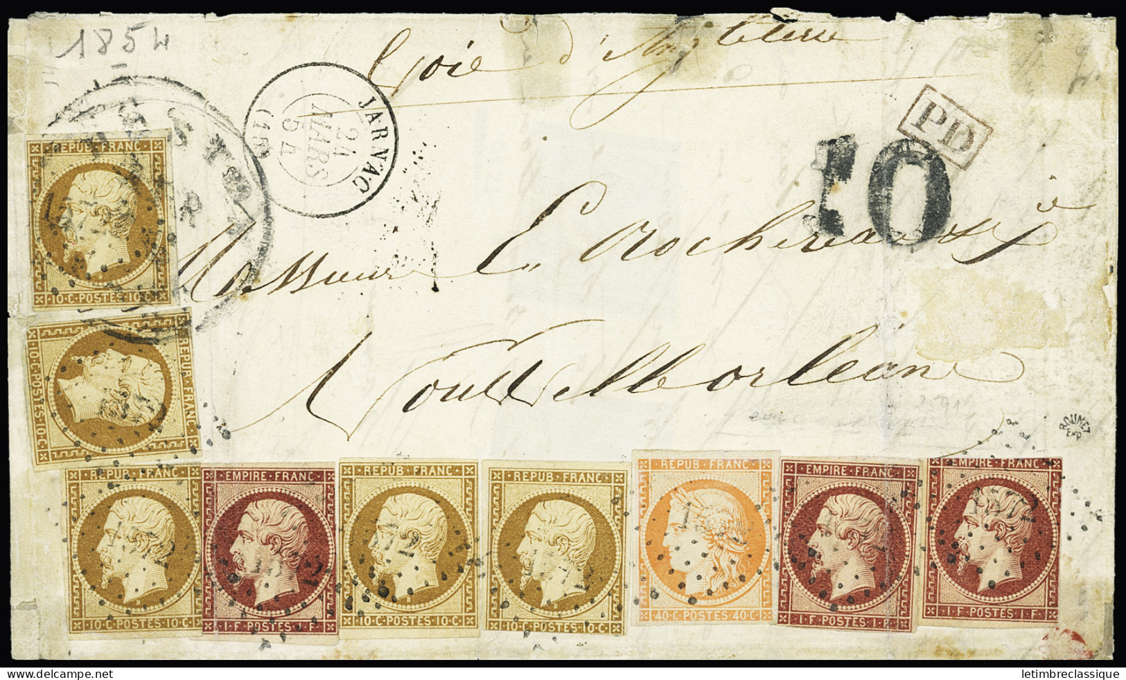 Lettre Exceptionnel Tarif à 3f90 Avec Combinaison De 3 émissions Différentes : CERES +  PRESIDENCE + EMPIRE
N°5 + 9 (x5) - 1852 Louis-Napoléon