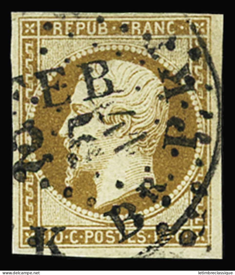 Obl N°9 10c Bistre-jaune Avec Obl. Losange PC 441 De Bordeaux (Gironde) Et Càd Américain De New-York, TB, R. Signé Schel - 1852 Louis-Napoleon