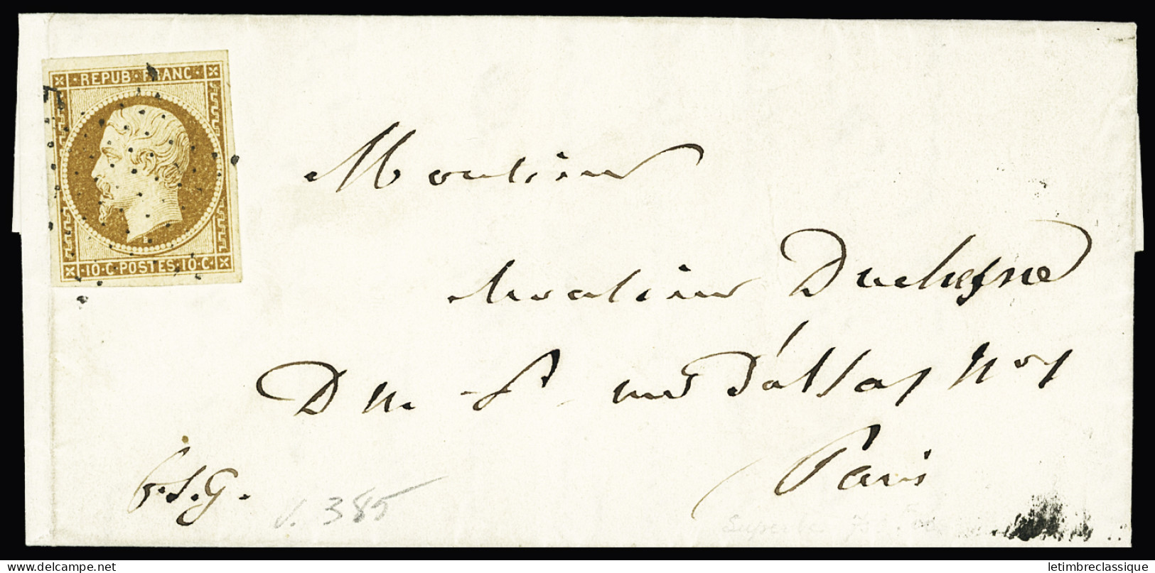 Lettre N°9 10c Bistre-jaune Belles Marges Sur Lettre Locale Obl. étoile Et CàD T17 Paris 11 Août 1853 Au Verso, TB Avec  - 1852 Luis-Napoléon