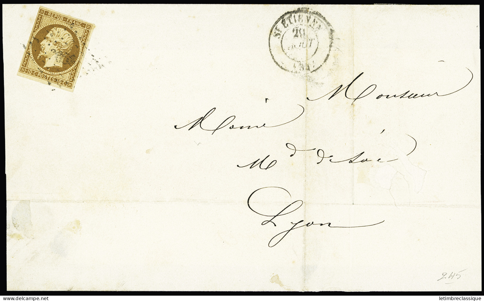 Lettre N°9 10c Bistre-jaune (effleuré En Un Point) Sur Lettre Pour Lyon (Rhône) Avec Obl. PC 3053 (Saint-Etienne, Loire) - 1852 Louis-Napoleon