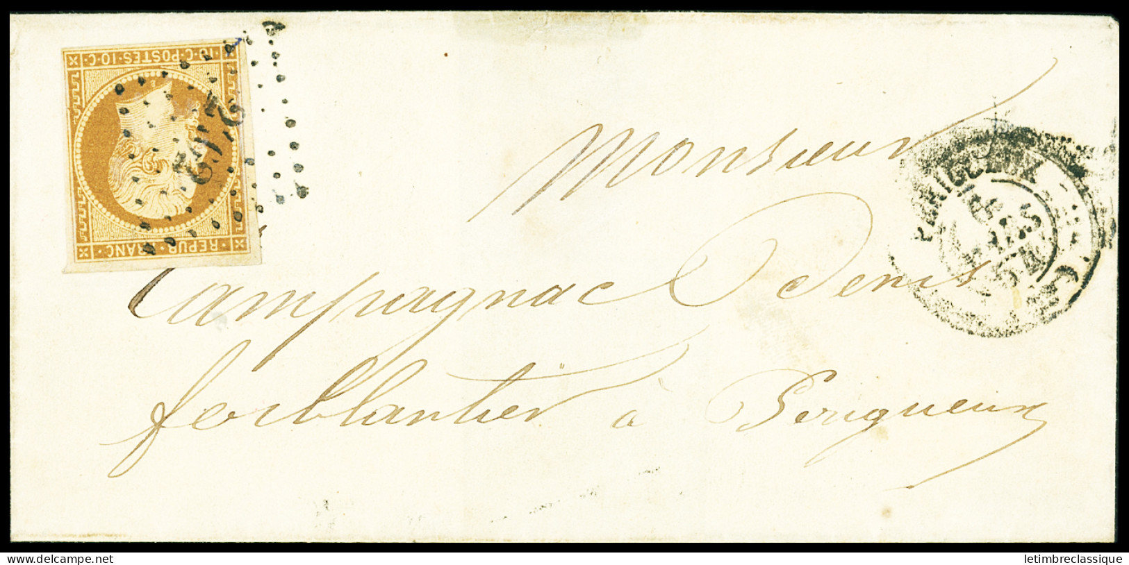 Lettre N°9 10c Bistre-jaune OBL PC 2402 + T15 Périgueux (Dordogne, 1854) Sur Lettre, TB - 1852 Louis-Napoléon