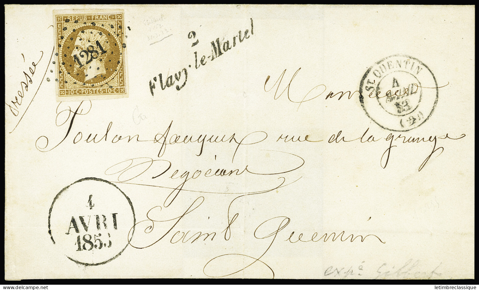 Lettre N°9a 10c Bistre-brun, Bien Margé, Obl. PC 1281 Sur Lettre Avec Cursive "2 Flavy-le-Martel" (Aisne) + Dateur A 1 A - 1852 Louis-Napoléon