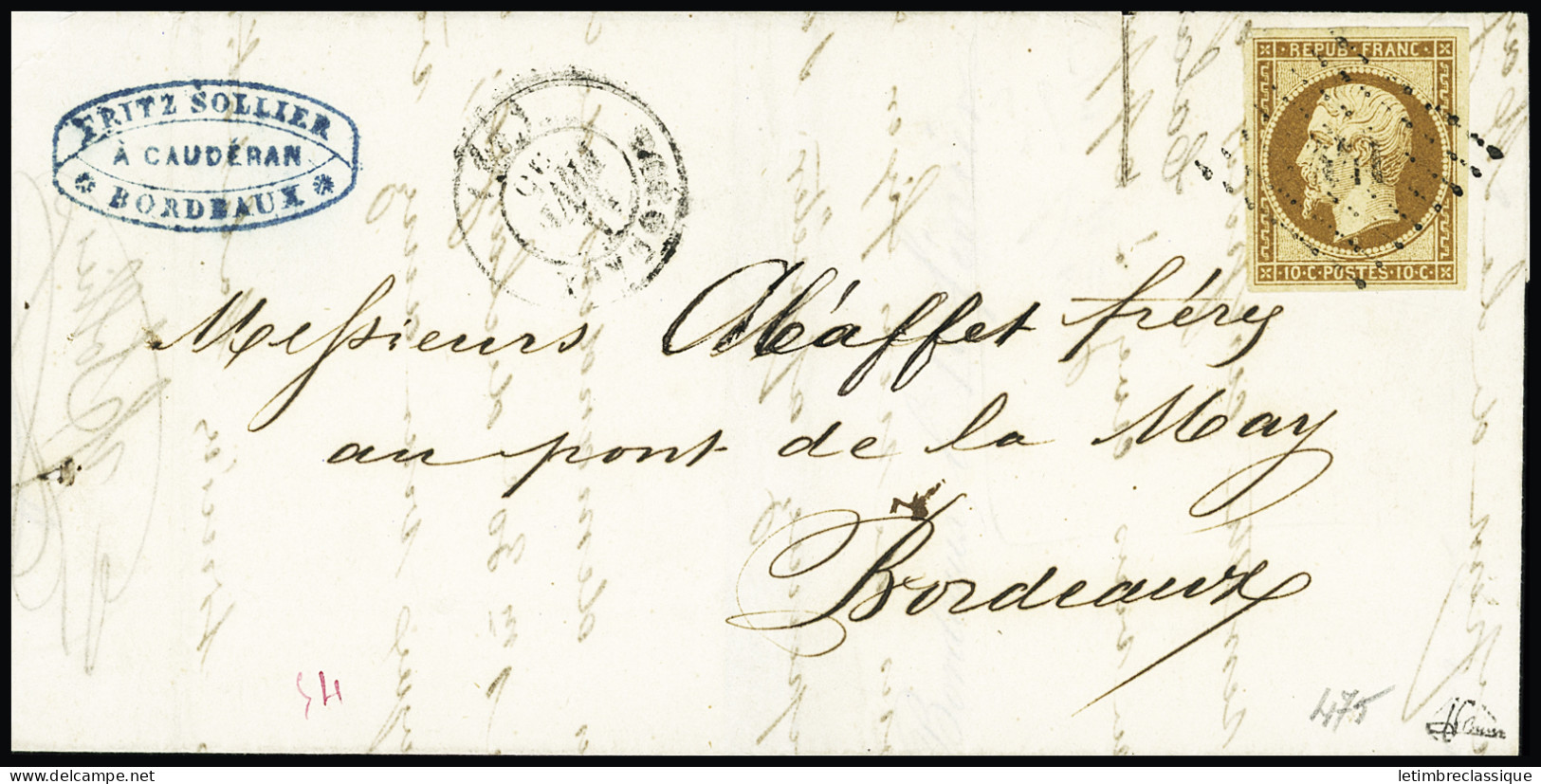 Lettre N°9a 10c Bistre-brun Sur Lettre Locale, Obl. PC 441 (Bordeaux) Et CàD T15 Bordeaux 11 Févr. 1855, TB. Signé JF. B - 1852 Louis-Napoléon