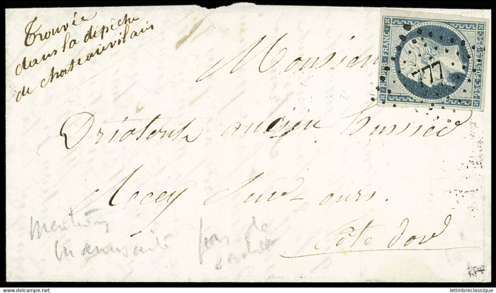 Lettre N°10 25c Bleu Verdâtre (nuance Rare) Obl. PC 777 De Chateau-Villain (Haute-Marne) Sur Lettre Sans Càd De Départ M - 1852 Louis-Napoleon