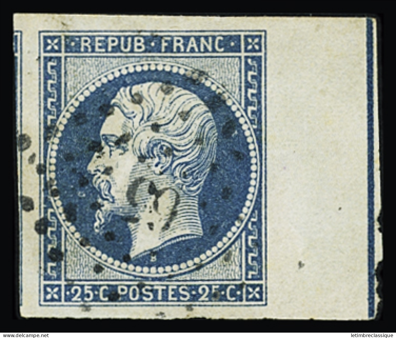 Obl N°10b 25c Bleu, Bord De Feuille Avec Filet D'encadrement, Voisin à Gauche, Obl. PC, TB, R - 1852 Luis-Napoléon