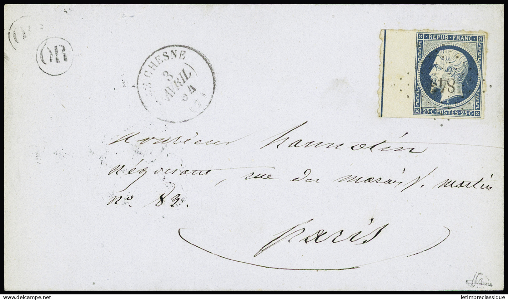 Lettre N°10b Présidence 25c Bleu Avec Filet D'encadrement Sur Bdf Obl. PC Sur Lettre De Le Chesne (Ardennes) 03.04.1854  - 1852 Louis-Napoleon