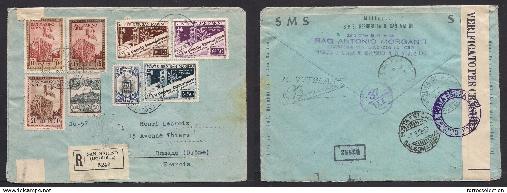 SAN MARINO. 1943 (30 July) GPO - France, Romans (9 Aug) Registered Multifkd, Depart Censored Label Envelope. VF Usage. - Autres & Non Classés