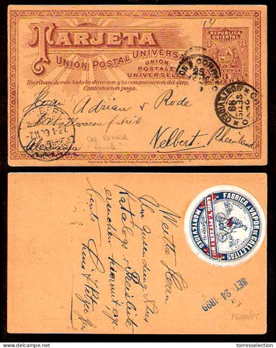 URUGUAY. 1899. Montevideo - Germany. 3c Stat Card, With Ilustrat. BICYCLE Bicolor Label On Reverse. - Uruguay