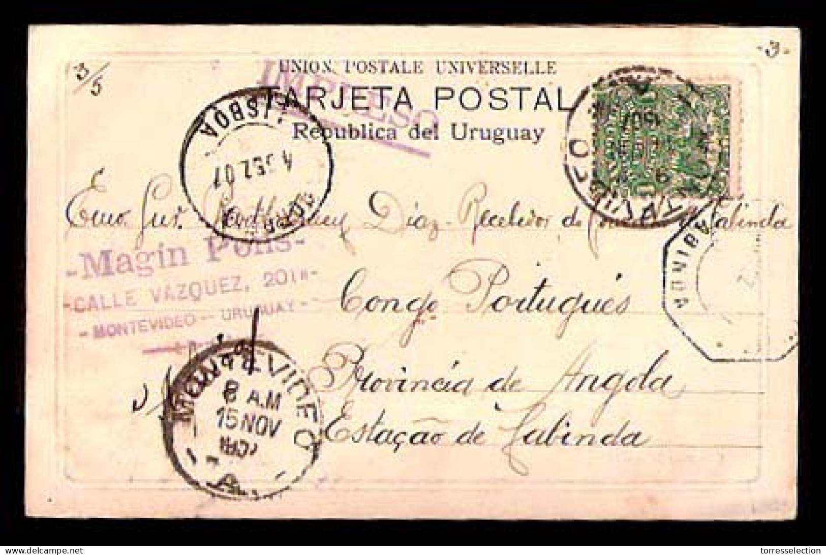 URUGUAY. 1907. Picture Postcard To Cabinda, Portuguese Angola, Frkd 1c + 2c Picture Side (damaged) Printed Paper Rate An - Uruguay