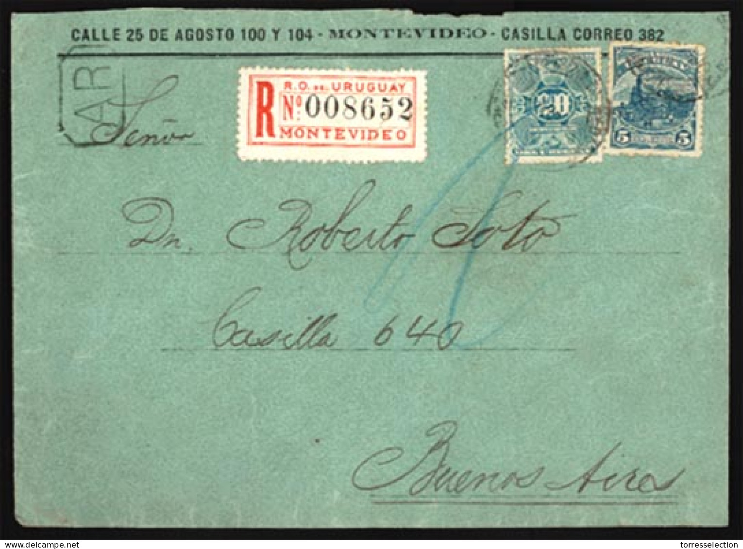 URUGUAY. 1908. Montevideo To Buenos Aires. Registered + AR. Scarce Usage. Scott # 114,165. V-Fine. - Uruguay