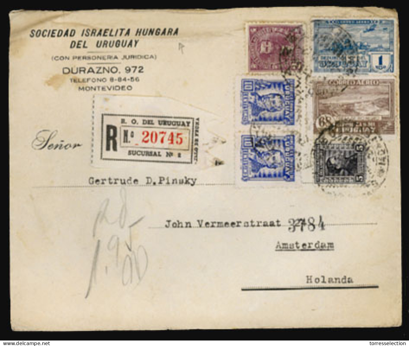 URUGUAY. 1945. Montevideo To The Netherlands. Registered Franked Envelope (6st) Of The Irish-Hungarian Society. Fine. - Uruguay