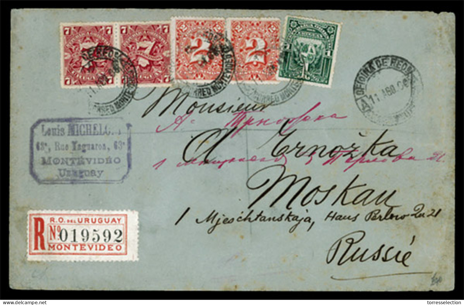 URUGUAY. URUGUAY. 1900 (Aug 11). Registered Cover To RUSSIA Franked By 1889 1c Green, Pair Of 2c Rose And Pair Of 7c Lak - Uruguay